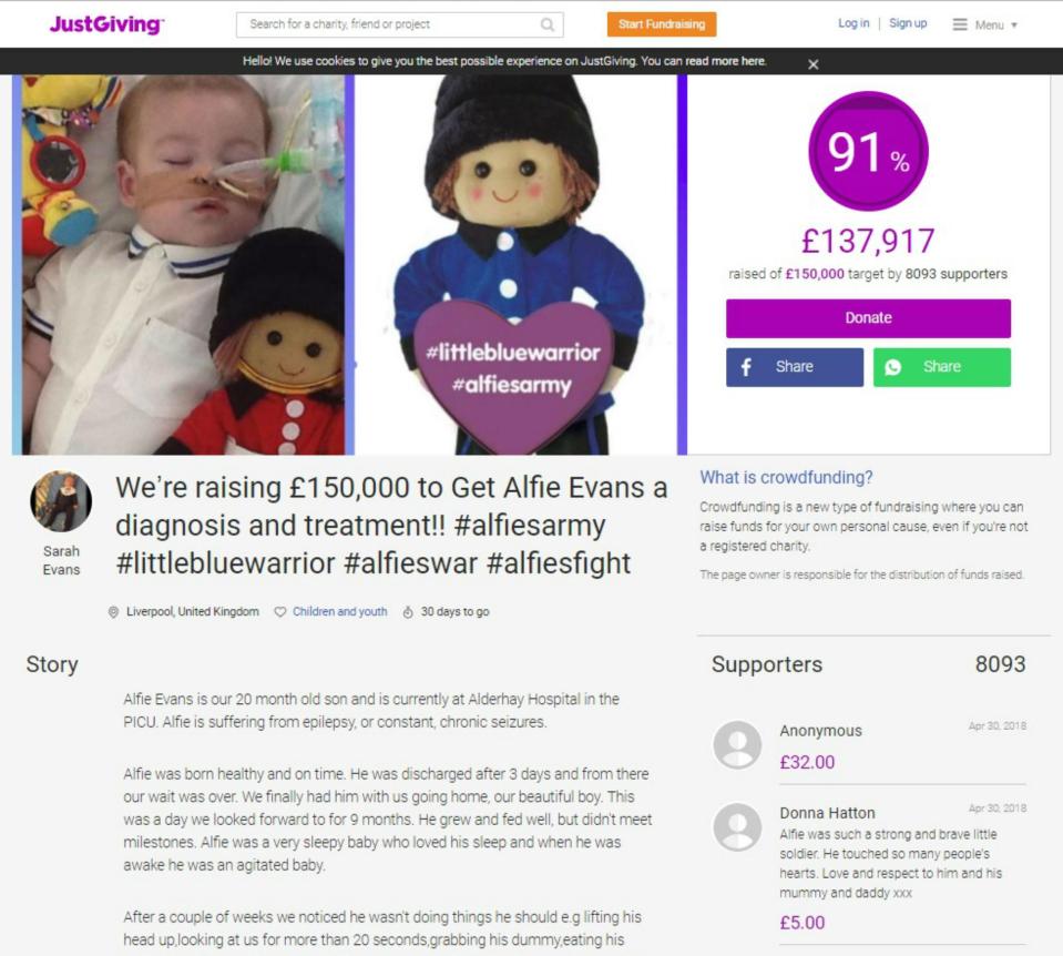  The genuine fundraising page for Alfie Evans