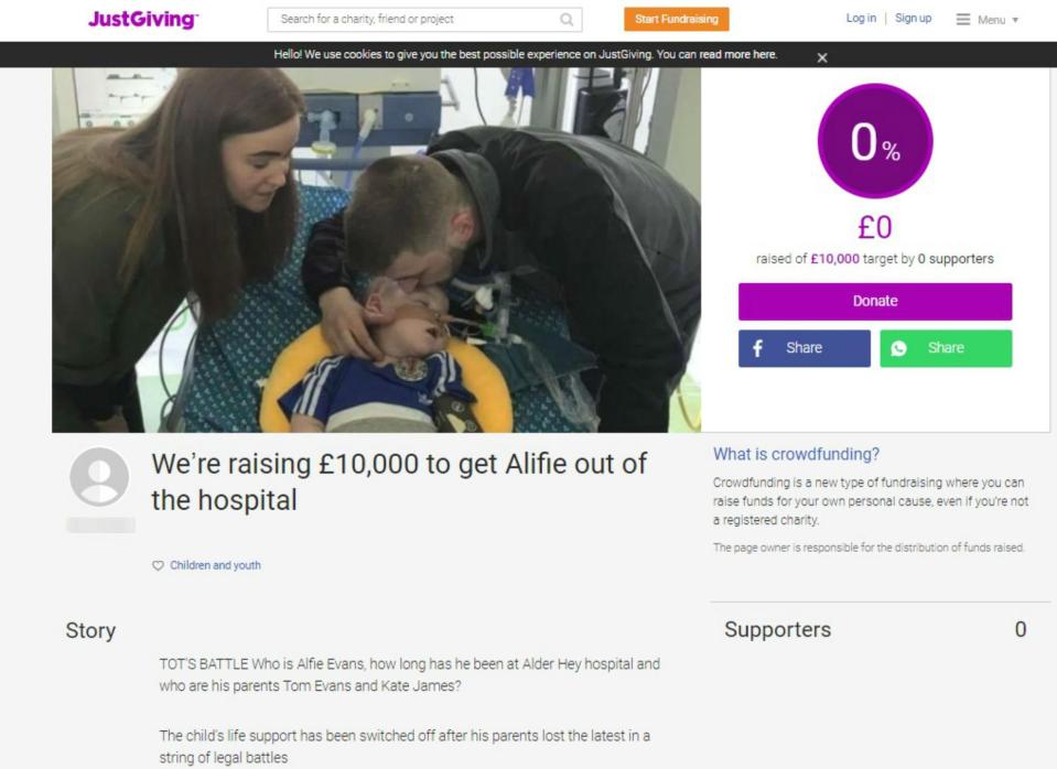  One of the pages claiming to raise £10,000 for Alfie