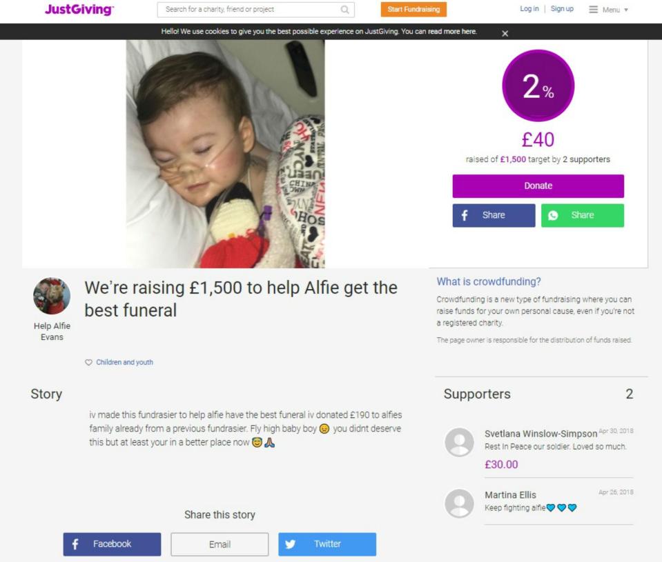  One page alleging to raise money towards Alfie's funeral costs has already raised £40 from donors