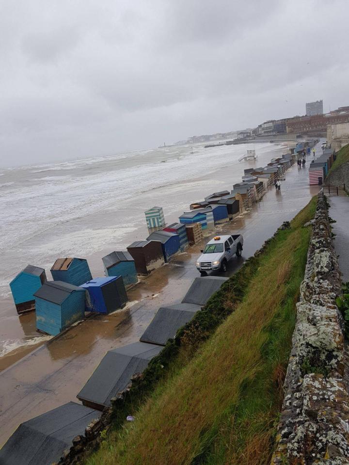  Beach huts in Kent were battered by the strong winds today