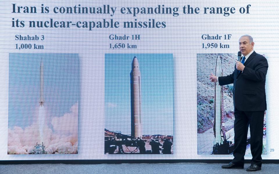  The Israeli PM shows the range of Iranian missiles that could be fitted with nuclear warheads