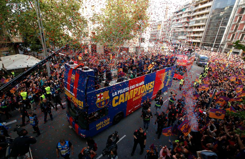 Barcelona celebrate winning league and cup double in Spain