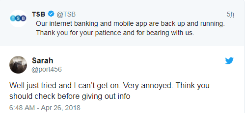  Customers are still finding faults with TSB's online services