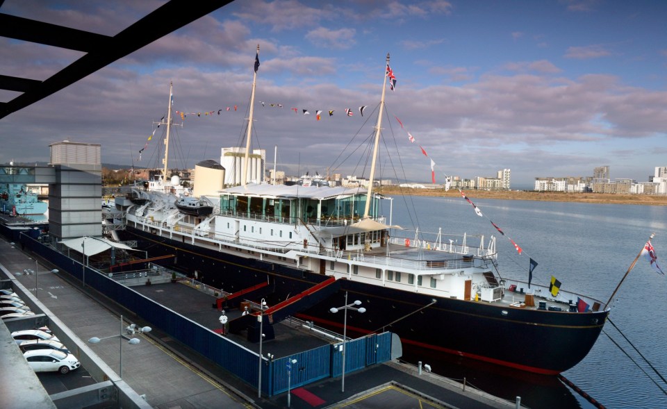 The Royal Yacht Britannia lies in the port of Leith docks in Edinburgh, Scotland