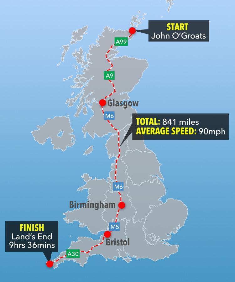 Land's End to John O'Groats is an 841-mile journey which one daredevil driver completed in less than ten hours