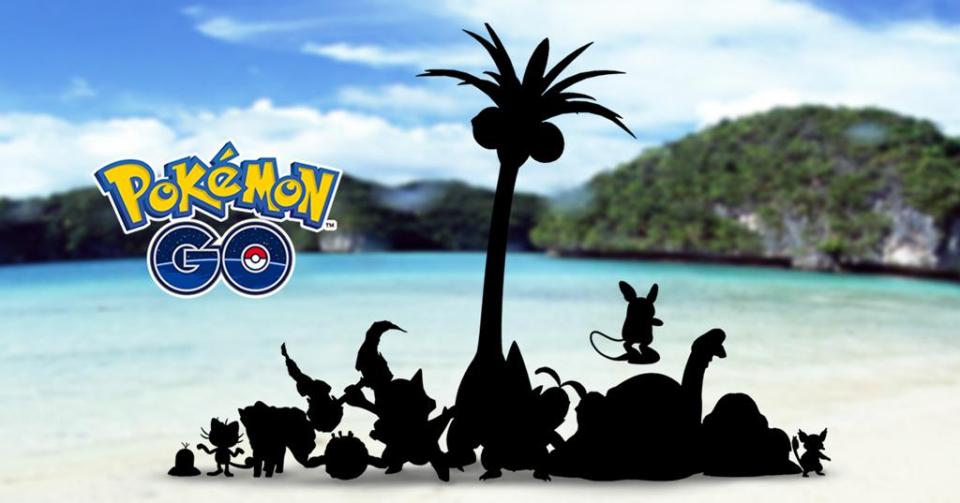  The teaser image showing the silhouettes of a number of Alolan-form Pokémon on the beach