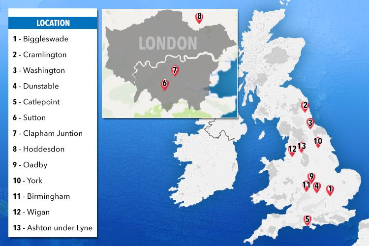  We've identified 13 locations where a Sainsbury's and Asda superstore may be at risk