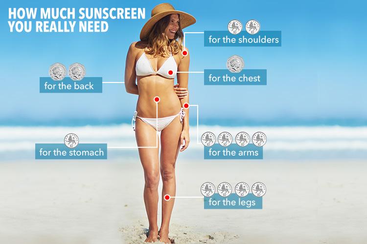 You should be using different amounts of sunscreen for different parts of your body your back needs two 50p-sized blobs, your stomach needs a 10p-sized blob and your legs need 4 10p-sized blobs