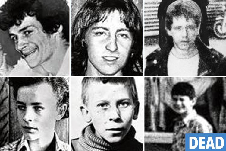 From top left to bottom right his victims - Billy Sutherland, Kenneth Ockendon, Stephen Sinclair, Stephen Holmes, Malcolm Barlow, Graham Allen