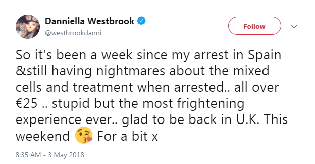  Danniella tweeted about her Spanish arrest earlier today