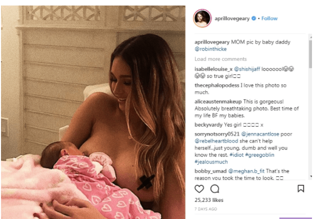  Emily recently waded into an argument between Chanelle Hayes and Robin Thicke's girlfriend, who posted this breastfeeding snap online