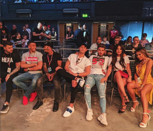  The Geordie Shore gang pictured cheering Aaron on at Wembley last night