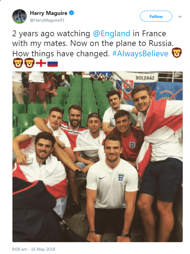  Harry Maguire tweeted an image from two years ago when he and his mates went to France to follow England at Euro 2016