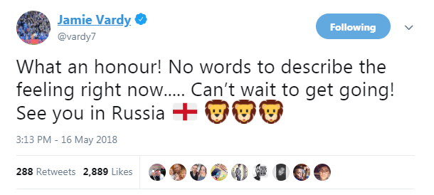  Apart from his tweet, Jamie Vardy described how there were 'no words' to describe how he was feeling after being selected for the World Cup