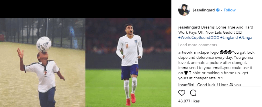  Jesse Lingard posted on Instagram that 'hard work pays off' and uploaded a photo of him wearing an England shirt as a child compared to wearing one now