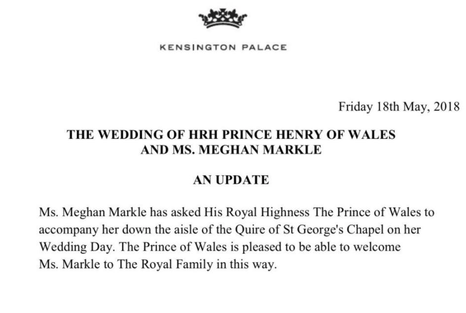 Kensington Palace posted the announcement on Twitter that Prince Charles would give Meghan away on May 19