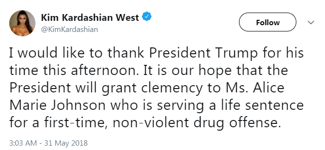  Kim Kardashian thanked the president for his time on her Twitter page