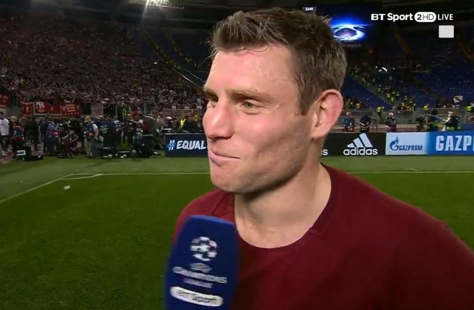  James Milner lets off a grin as he gives his answer to BT Sport