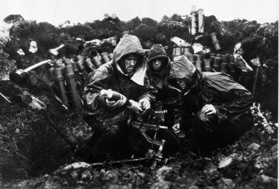  The Royal Marines dug in and ready for action on the wet and windy slopes of the East Falklands