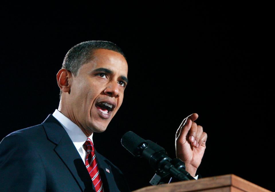  Barack Obama making his election victory speech in Chicago in 2008