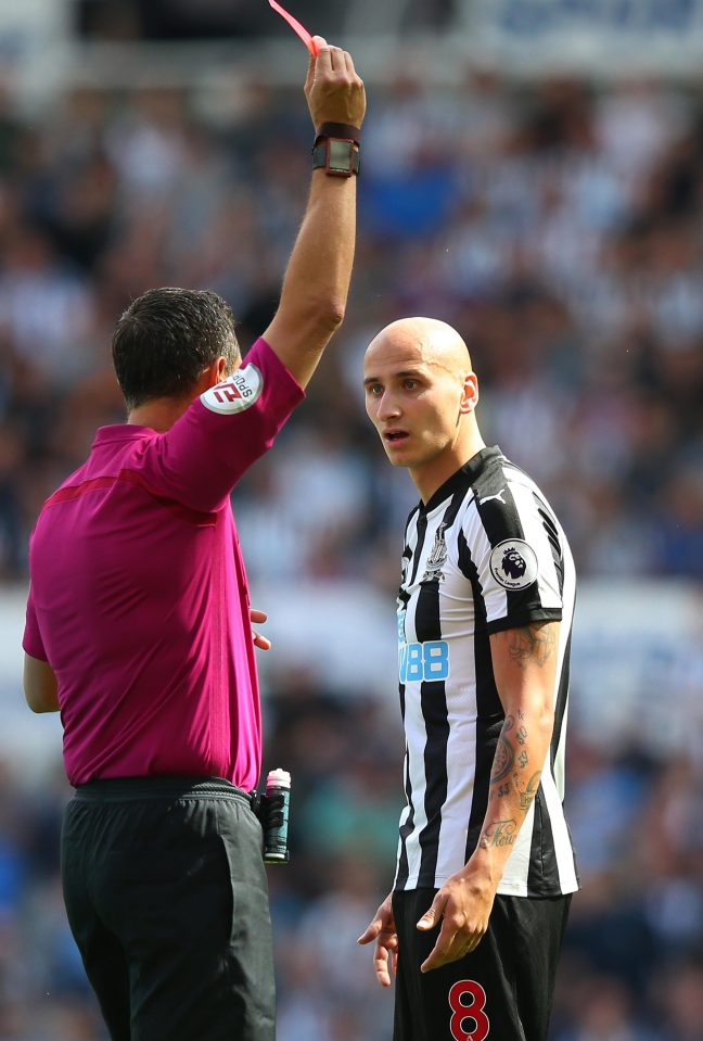 Jonjo Shelvey was sent off in the first game of the season against Tottenham