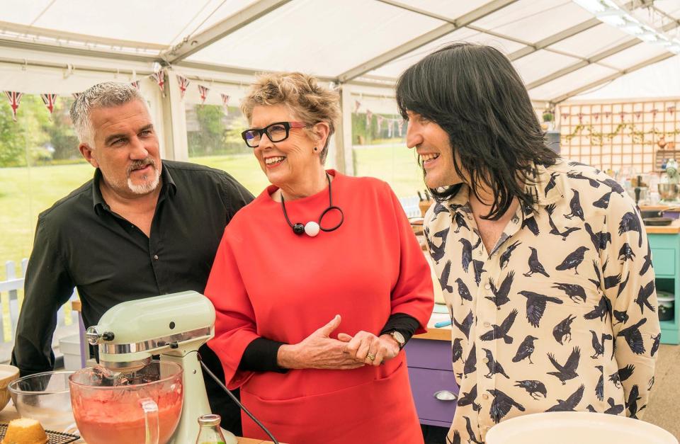 Left to right: Paul Hollywood, Prue Leith and Noel Fielding on Great British Bake Off