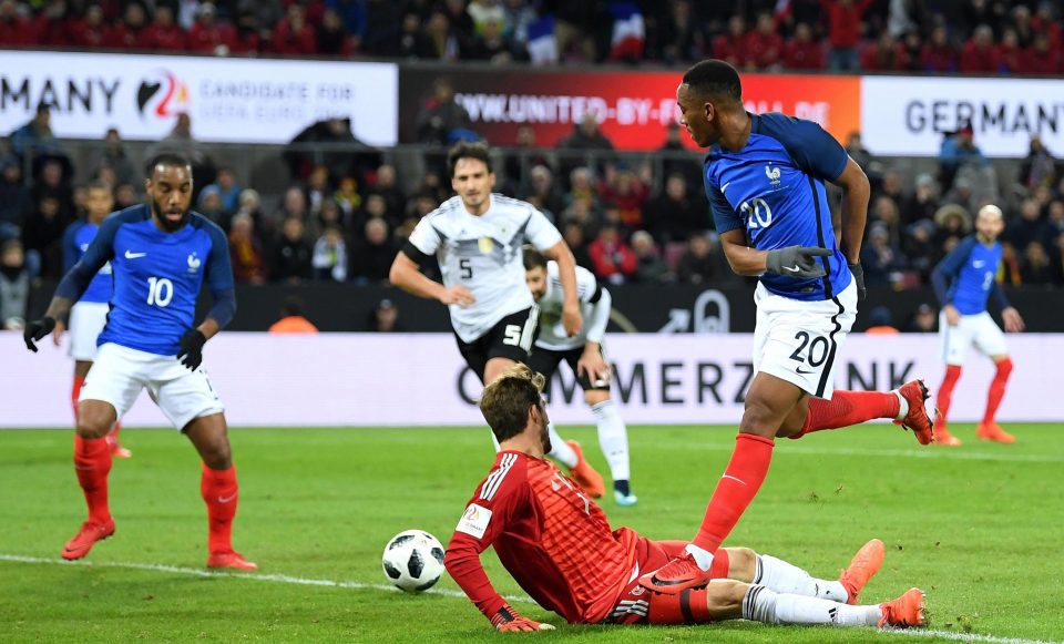  Martial passes the ball for Lacazette to score in France's friendly with Germany in November