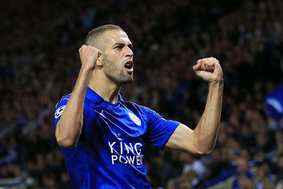  Islam Slimani celebrates scoring against Porto in the Champions League