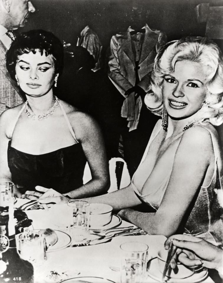  Mansfield (pictured with Sophia Loren) was famous for courting attention wherever she went