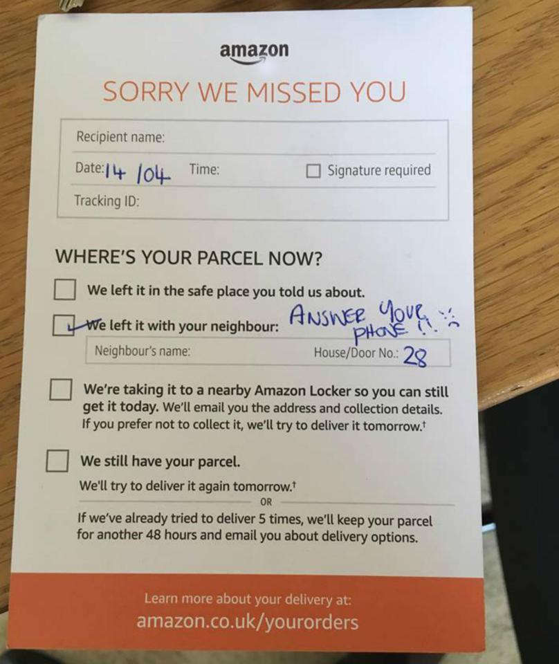  The note left by an Amazon Delivery in Manchester - and has left the family with 'anxiety'