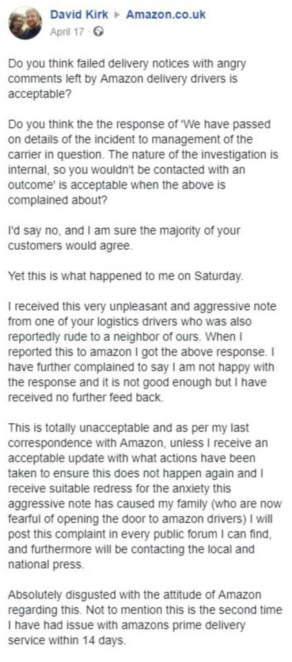  David took to Facebook to complain to Amazon who said they have launched an investigation