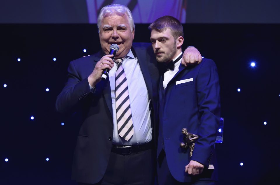  Tom Evans was embraced on stage recently by Everton chairman Bill Kenwright