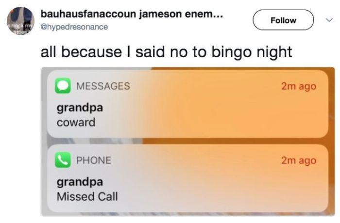 This Grandpa was clearly miffed that his grandson didn’t make it to the bingo