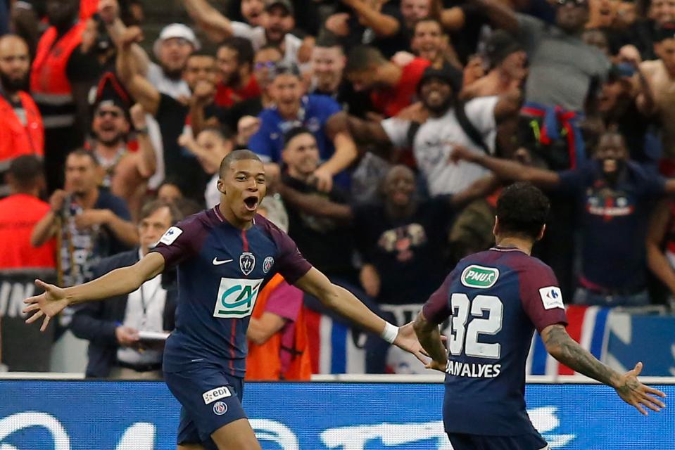 Kylain Mbappe celebrates scoring in the Coupe de France final