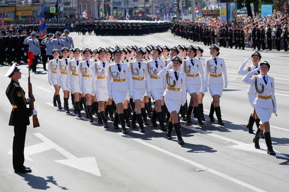  Female soldiers march during a Victory Day military parade marking the 73rd anniversary of the victory over Nazi Germany