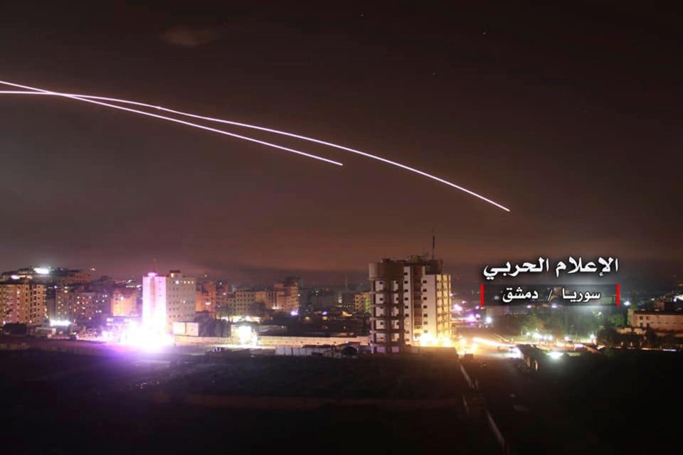  Missiles rise into the sky as Israeli missiles hit an air defence position and other military bases in Damascus, Syria