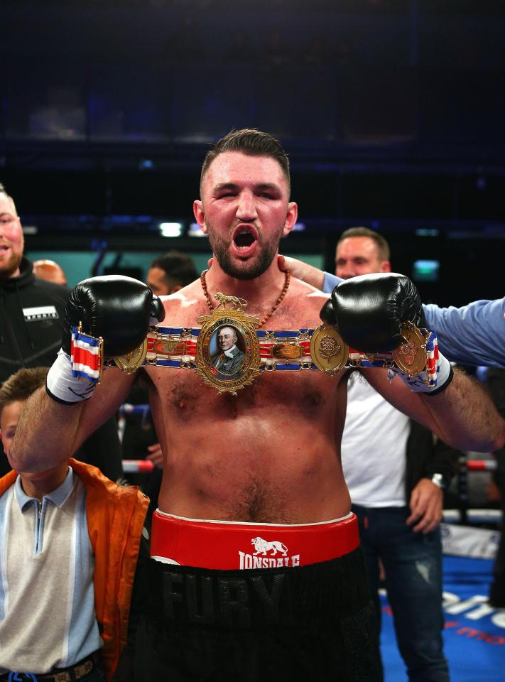  Hughie Fury reacts after beating Sam Sexton to become the British heavyweight champion