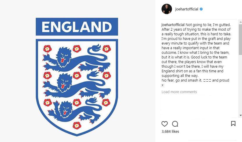 Joe Hart lifted the lid on his pain at being dropped by England boss Gareth Southgate in an honest Instagram post