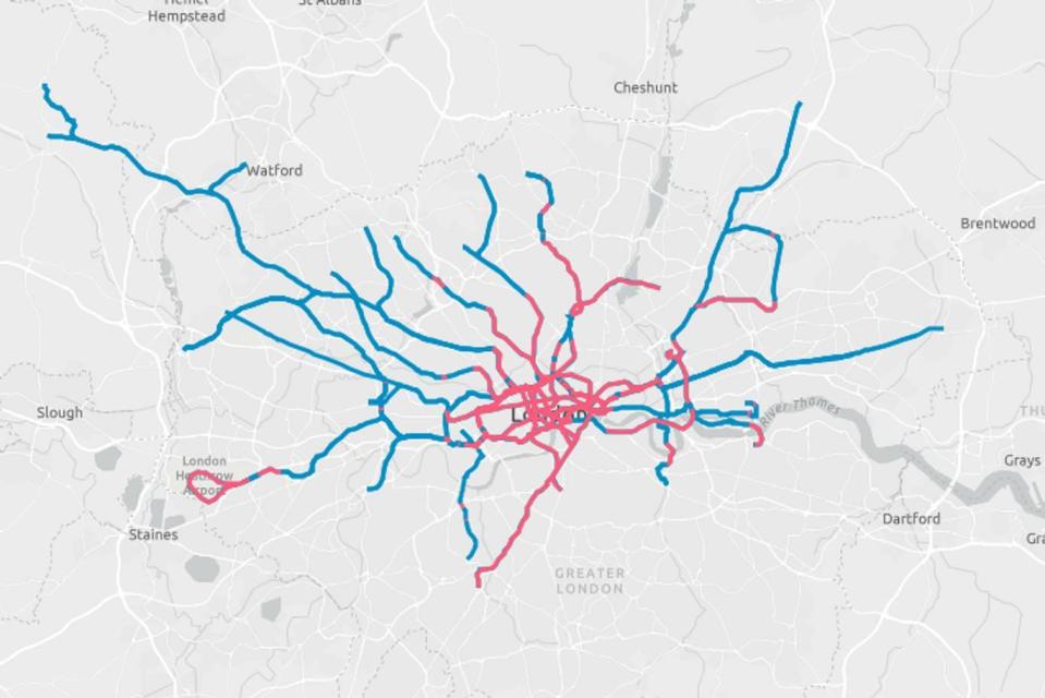  Lines appear pink when below ground and blue when above ground in a fascinating new Tube map