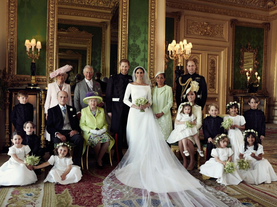 The couple’s family join them for a portrait in the Green Drawing Room at Windsor Castle