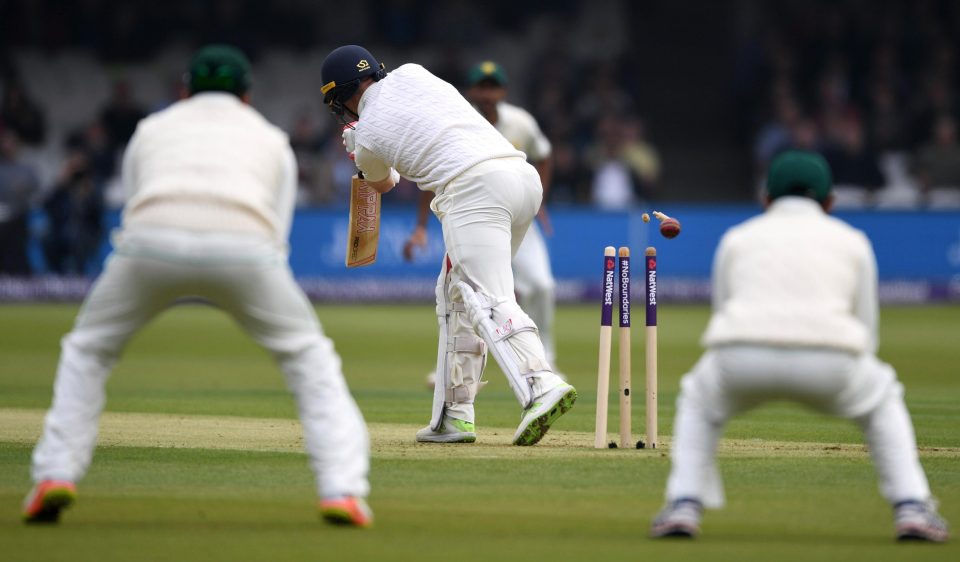 Mark Stoneman of England is bowled by Mohammad Abbas of Pakistan