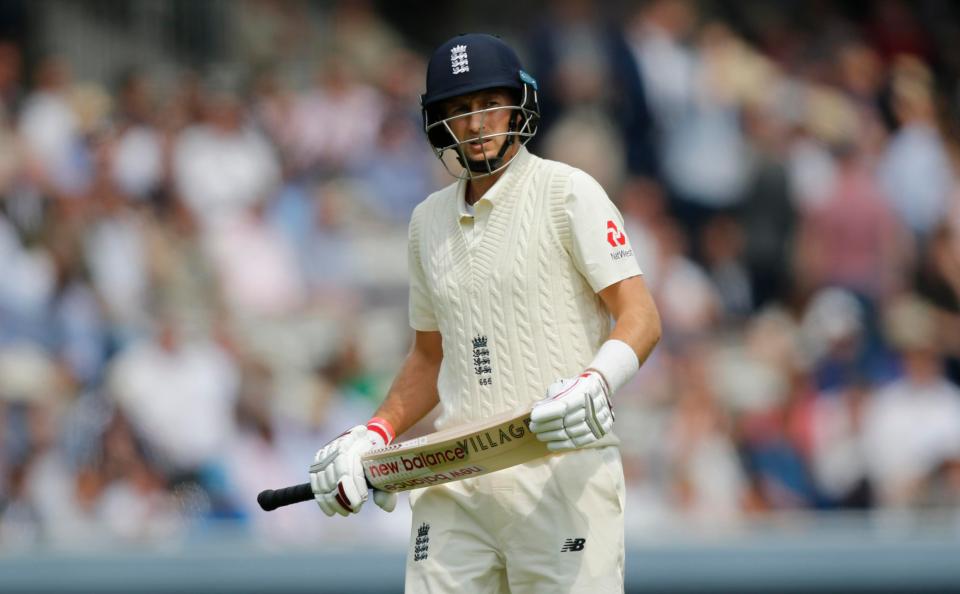 England skipper Joe Root trudges off after getting out to a horrible shot for 4