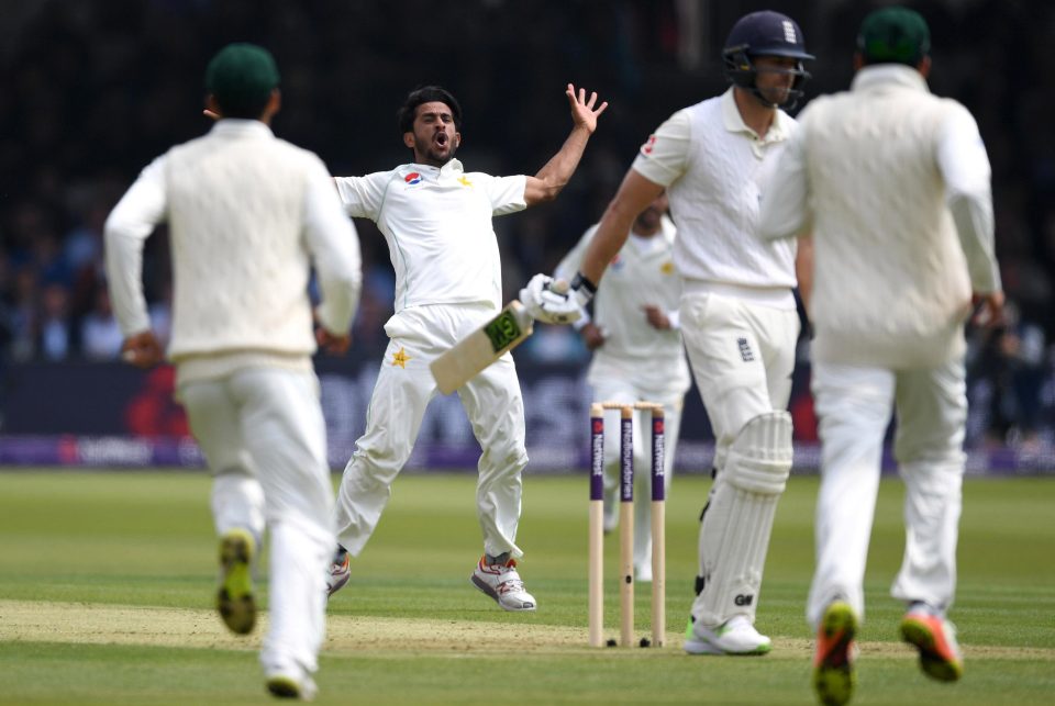  Pakistan seamer Hasan Ali celebrates dismissing Dawid Malan