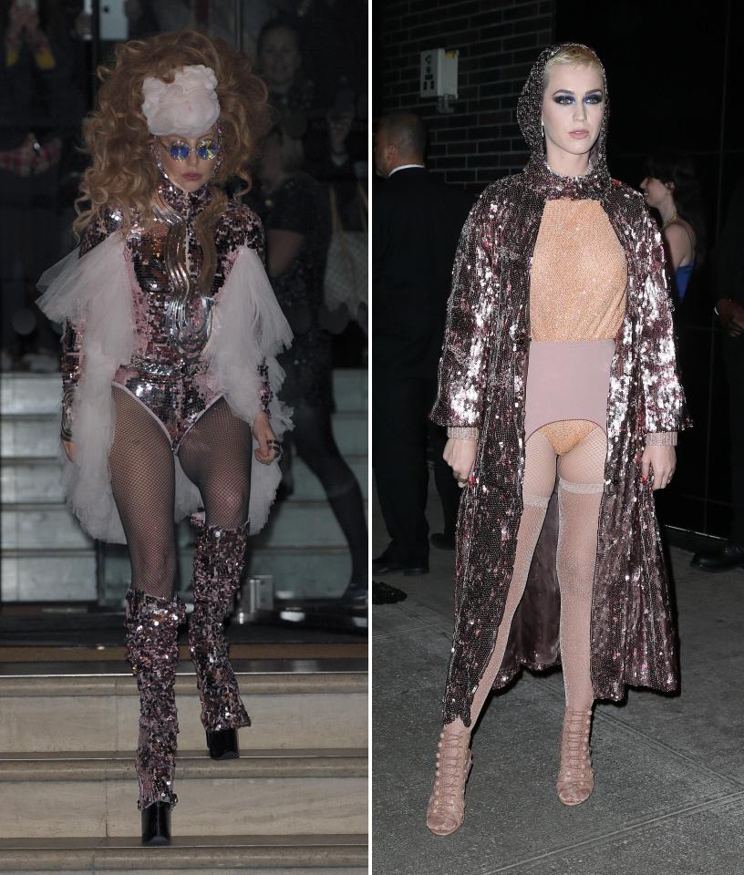  Rose gold sequins and fishnets. Katy sported the look years after gaga for the Met Gala last year.