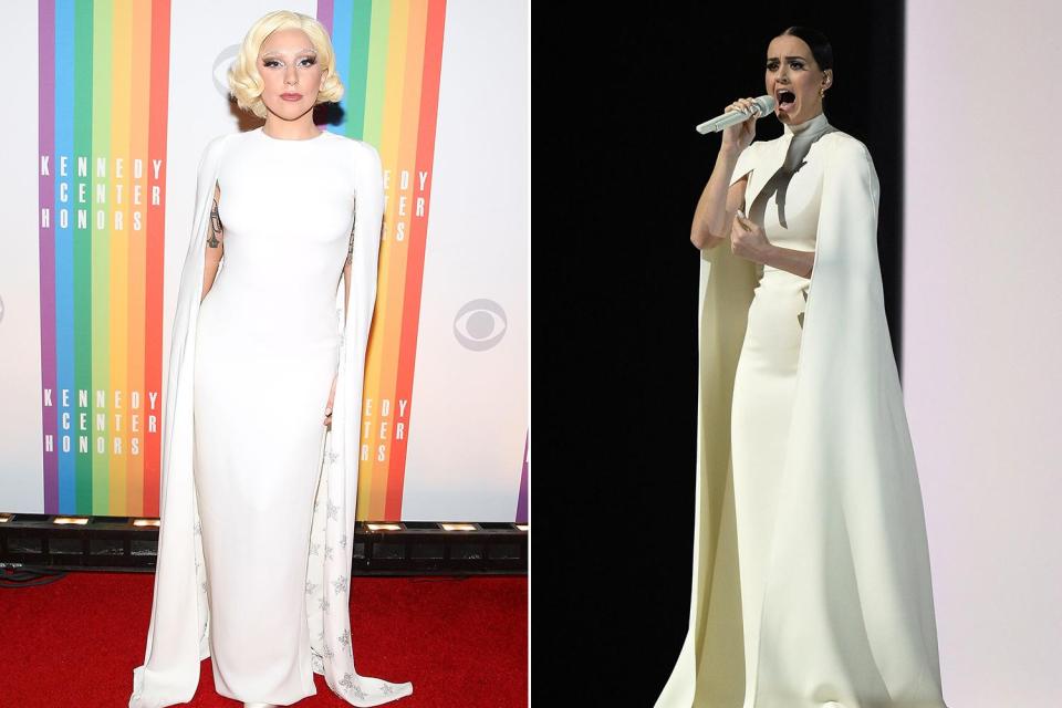  Lady Gaga appeared at the Kennedy Center Honors Awards in an floor-grazing white gown in 2014. Perry wore a VERY similar angelic look to the Grammy Awards in 2015.