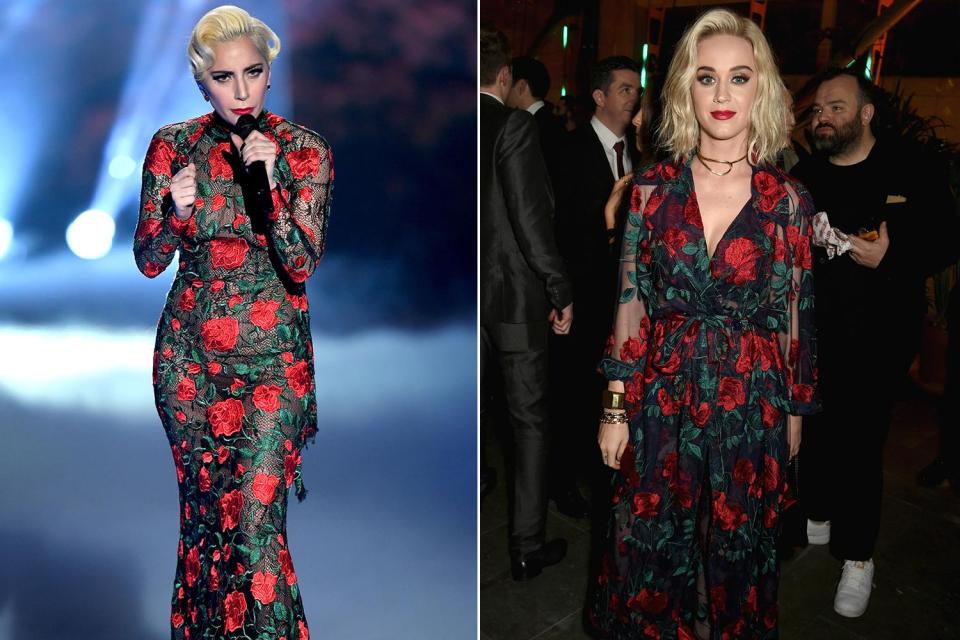  When Gaga performed at the Victoria's Secret Fashion Show in 2016, she graced the stage in an elegant rose-embellished gown. Less than a year later, Katy Perry steps out at the BRIT Awards after-party in the same print.