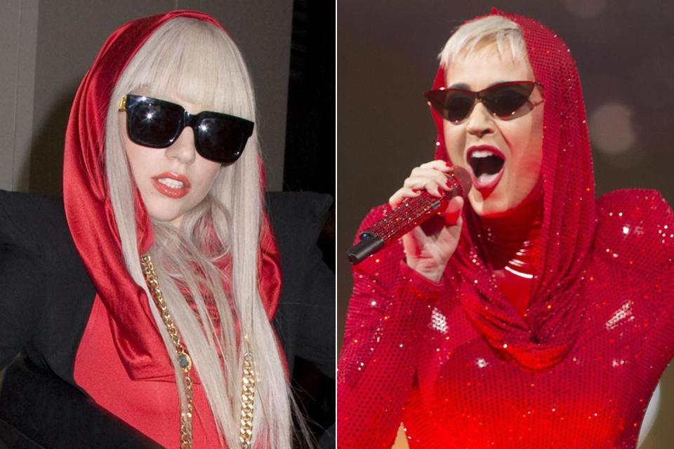  Remember when Gaga first broke onto the music scene, and her iconic look was a red hooded bodysuit? Well, Perry appeared at her concert in Canada in September 2017 sporting the same hood look.