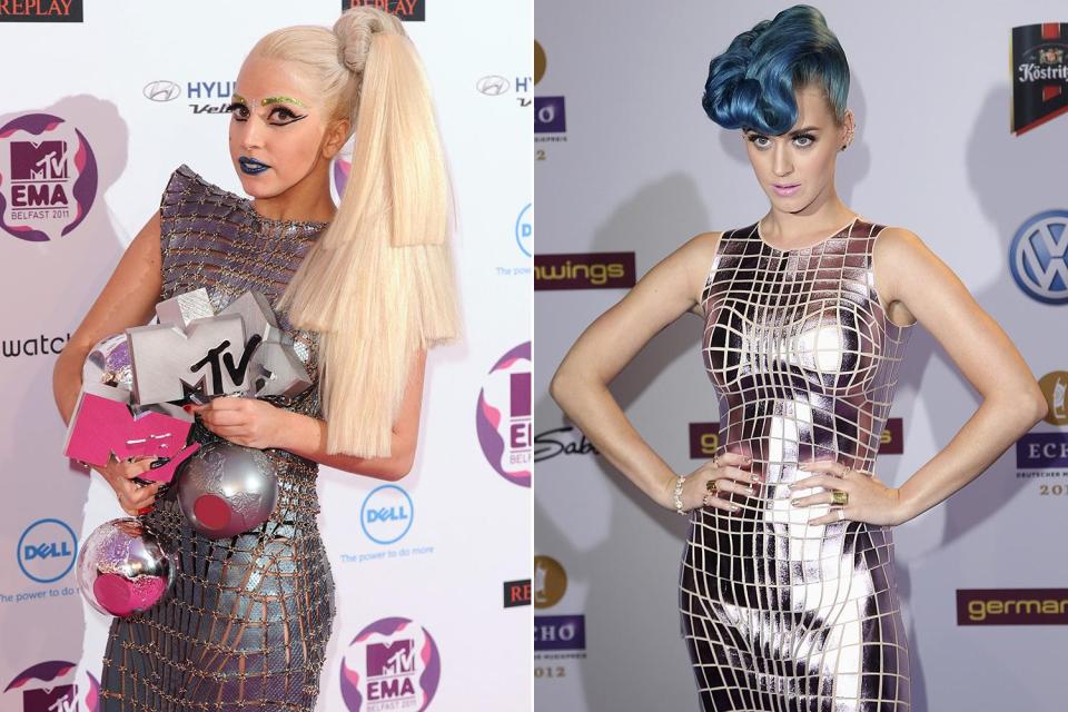  It all started back in 2012, when Katy was seen wearing a similar mirrored dress at the Echo Awards to one that Gaga had previously sported at the MTV EMA Awards.