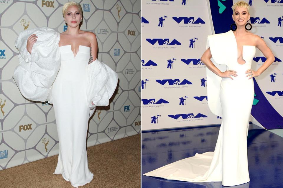  The same hair colour, the same shoulder sash, the same low-necked, white floor-length gown... Katy did it again at the MTV VMA's last year.