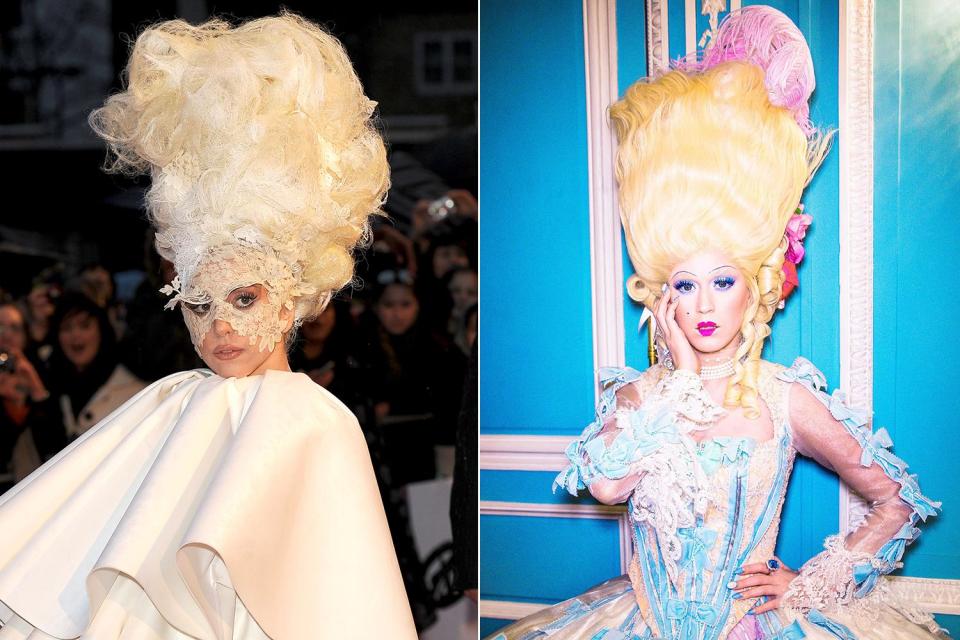  While Katy may have skipped on the cape element of this look, she certainly took inspo from Gaga's blonde beehive look for her 'Hey Hey Hey' music video.